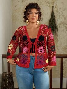 Travachic Cardigan de Manga Longa Transparente com Estampa Floral Vazada e Nó Frontal, Plus Size - Vermelho - Visão 3