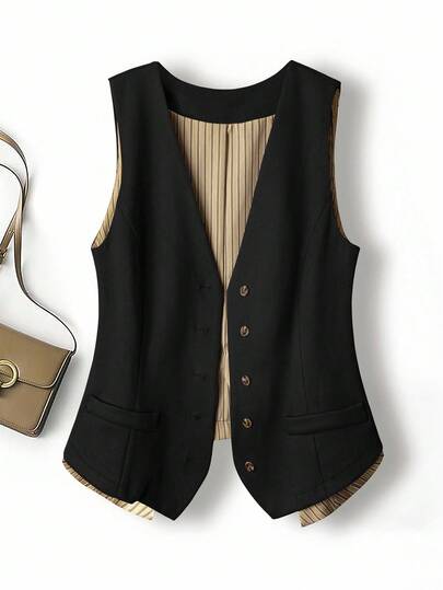 Franclia 大码女式法式休闲无袖V领夹克，夏季