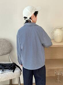 SHEIN 青少年男童韩版条纹休闲翻领长袖梭织衬衫，适合通勤、上学、休闲、旅行、运动、秋冬 - 藍色 - 查看 3