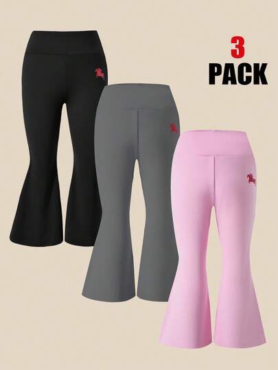 SHEIN Explorewe 3pcs Casuvi Kid Girls Casual Flare Pants Set, Comfortable Ribbed Fabric, Horse Riding Pattern Print Decor, Suitable For Everyday, Back To School, Vacation In Spring And Autumn