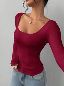 SHEIN BASICS 女士休闲纯色针织修身长袖圆领常规T恤Playera Manga Larga Damawhite上衣长袖基本款长袖上衣 - 酒紅色 - 查看 9