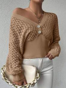 SHEIN Cottnline Women's Simple Commuter Hollow Out Button Decor Knit Sweater, Autumn/Winter - Mocha Brown - View 4