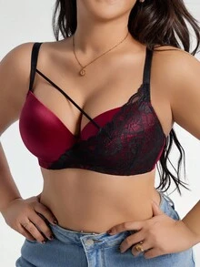 1 件大码女式蕾丝拼布钢圈文胸，舒适支撑，提升 - 彩色 - 查看 3