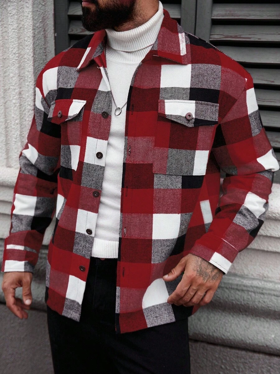 Manfinity Homme Men's Casual Commuter Plaid Long Sleeve Jacket, Autumn/Winter Men Checkered Plaid Flannel Jacket - Multicolor - View 1