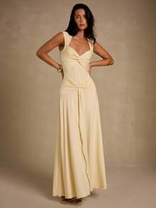 Glamine 女士优雅性感扭纹 V 领收腰长裙（浅黄色），适合派对、日常穿着、花园聚会