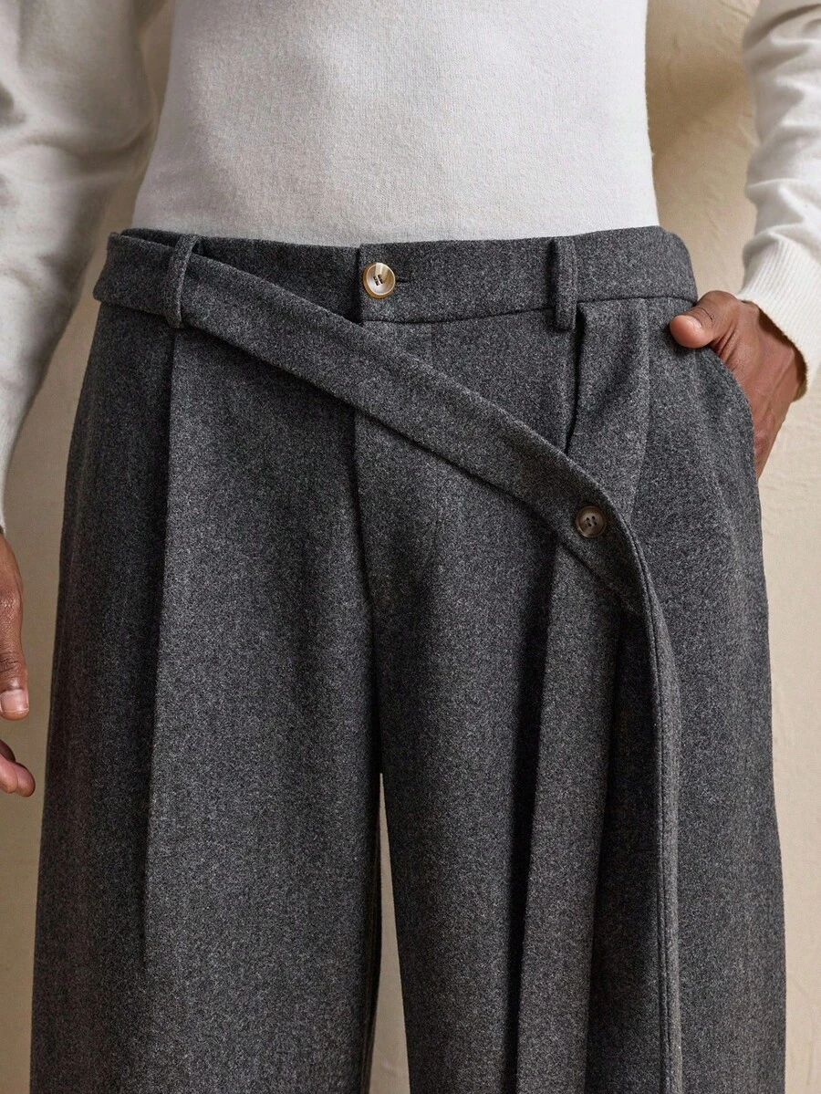 AKNOTIC Business Casual 男士休闲宽松纽扣阔腿裤 - 黑色 - 查看 1