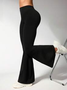 Rhythm Era 1pc Women Plus Size Seamless High Stretch Ribbed V-Back Yoga Fitness Workout Gymnastics Dance Flare Pants Black Flared Leggings Flare Yoga Pants Women Flare Leggings Weight Loss Flare Workout Pants Harley Quin - Black - View 4