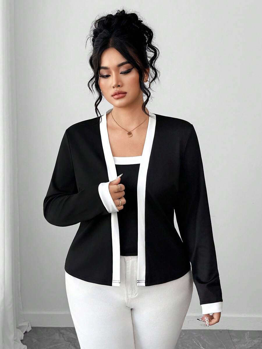 Elenzga Plus Size Elegant Commuter Color Block Trim Jacket & Camisole 2 Pieces Set - Black and White - View 1