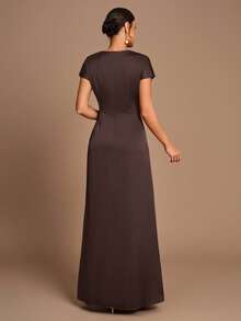 SHEIN Belle Elegant Romantic Coffee Color Pleated Short Sleeve A-Line Split Bridesmaid Dress