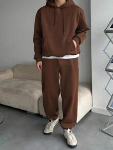 DAZY 男士纯棕色保暖连帽卫衣套装，秋冬季保暖款 - 棕色 - 查看 7