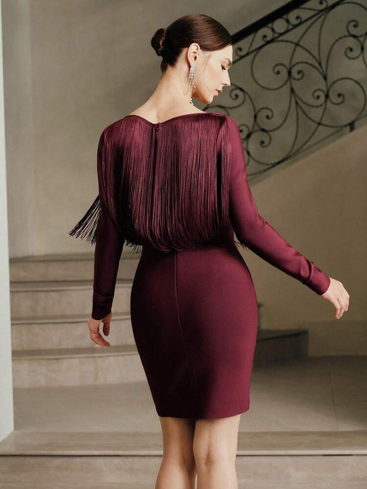 Women's Burgundy Fringe Bandage Mini Dress, Fitted Slimming Silhouette, Elegant Style Party Dress