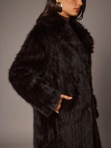 Silquee Women's Elegant Dark Brown Faux Fur Collar Long Fur Coat,Winter Luxury Solid Color Long Sleeve Fluffy Loose Fashion Design For Dinner Date Parties - Brown - View 9