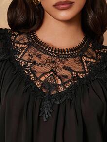 SHEIN Unity Bohemian Style Round Neck Long Sleeve Semi-Sheer Blouse For Women - Black - View 6