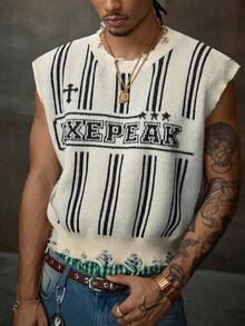 AXEPEAK 男士时尚做旧图案针织毛衣背心，适合秋冬 - 彩色 - 查看 4