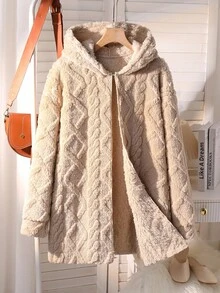 Sparklyn 青少年女孩休闲百搭家居服日常校服罗纹针织连帽长款开衫夹克，秋冬秋季 - 卡其色 - 查看 8