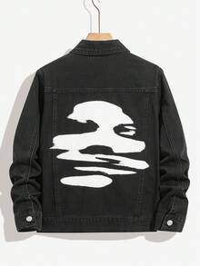 SHEIN 青少年男孩时尚休闲 Y2K 复古酷炫街头返校学院风基础款简约街头白色人像图案黑色牛仔翻领长袖外套，适合儿童穿着，柔软舒适，适合日常穿着，也适合儿童秋冬季锐舞派对、节日和街头服饰。