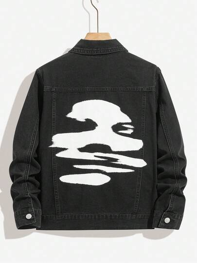 SHEIN Teen Boy Fashion Casual Y2k Vintage Cool Street Returns To School College Basic And Simple Street White Portrait Pattern Black Denim Lapel Long-Sleeved Jacket For Kids Clothes Teen Boy Soft Dailywear And Kids Winter And Fall Rave Outfits Festival And Outfits Streetwear Clothes