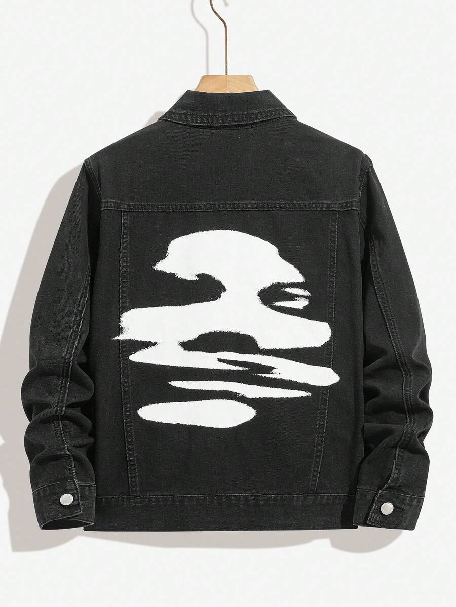SHEIN 青少年男孩时尚休闲 Y2K 复古酷炫街头返校学院风基础款简约街头白色人像图案黑色牛仔翻领长袖外套，适合儿童穿着，柔软舒适，适合日常穿着，也适合儿童秋冬季锐舞派对、节日和街头服饰。