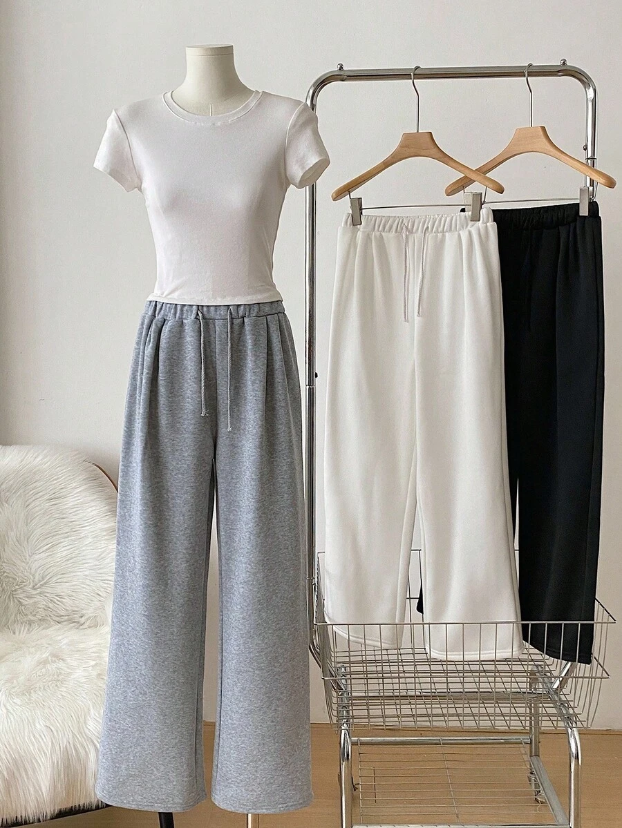 3pcs/Set Teen Girl Casual Versatile Knit Draped Comfortable Black, White, Gray Sweatpants Fall Winter - Multicolor - View 1