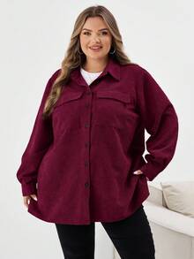 SHEIN CURVE+ 大码女式休闲纽扣长袖纯色夹克大码灯芯绒衬衫 8xl 女装大码大码衬衫曲线衬衫 6xl 加大女装，秋季女装冬季秋装/秋冬 - 酒紅色 - 查看 8