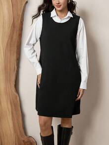 SHEIN LUNE Plus Size Spring Summer Autumn And Winter Seasons Sleeveless Texture Classic Simple Comfortable Casual Relaxed Old Money Style Vest Style Women's Dress Vacation Outfits Woman,Modest Dresses For Women,Airport Outfit For Women,Boho Dress Women,Resort Wear Women,Club Dress,Tropical Dress,Spring/Summer