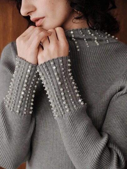 Uhlyne Women's Fashion Pearl Decor Turtleneck Long Sleeve Knit Sweater