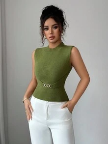 SHEIN Elenzya Women's Fashionable Solid Color Elegant Delicate Knit Sleeveless Top - Green - View 7