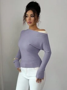 Elenzga 女士拼色不对称肩部套头毛衣，优雅复古风格，适合休闲、度假，适合春秋季节 - 淡紫色 - 查看 3