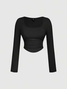 SHEIN MOD 3 Pack Plus Size Women's Square Neck Bodycon Long Sleeve Crop Tops,3pcs Pleated Smart Casual Everyday T-Shirt Set,Autumn Fall Winter ,Black - Multicolor - View 4