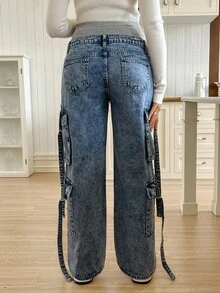 SHEIN 孕妇休闲百搭口袋阔腿工装牛仔裤 - 中等水洗藍 - 查看 2