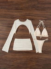 Swim Mod 4 Stücke Damen Strandoutfit Set: Spitze Langarm Neckholder Rückenfreier Bikini-Oberteil, String Bikini-Hose, Langarm Strandkleid, Spitze Mini-Rock - Beige - Übersicht 4