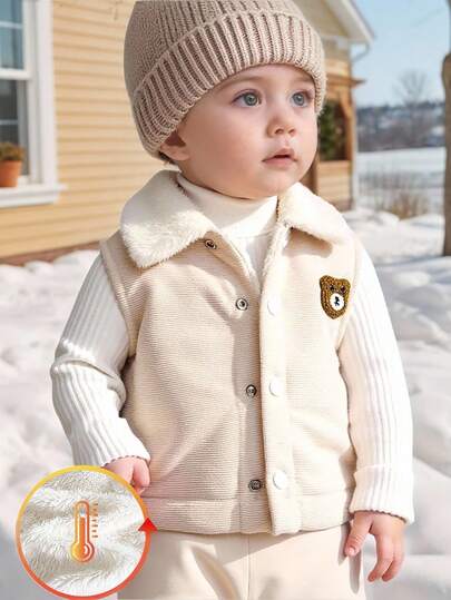 SHEIN 幼儿男童厚羊毛领小熊刺绣前片背心，适合上学、休闲、度假、运动、居家，6 个月-3 岁，男婴套装，婴儿服装，婴儿背心