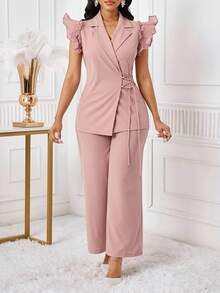 SHEIN Lady Conjunto de traje de mujer con blazer de manga con volantes rosa y pantalones elásticos de cintura elástica para otoño/invierno