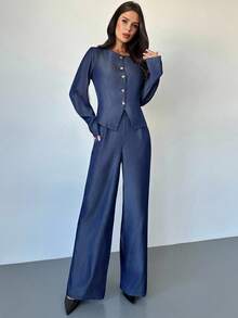 Firerie Conjunto de 2 piezas de camisa de manga larga de cuello redondo y pantalones de estilo casual para mujer, otoño - Azul Marino - Ver 8
