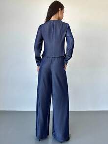 Firerie Conjunto de 2 piezas de camisa de manga larga de cuello redondo y pantalones de estilo casual para mujer, otoño - Azul Marino - Ver 2