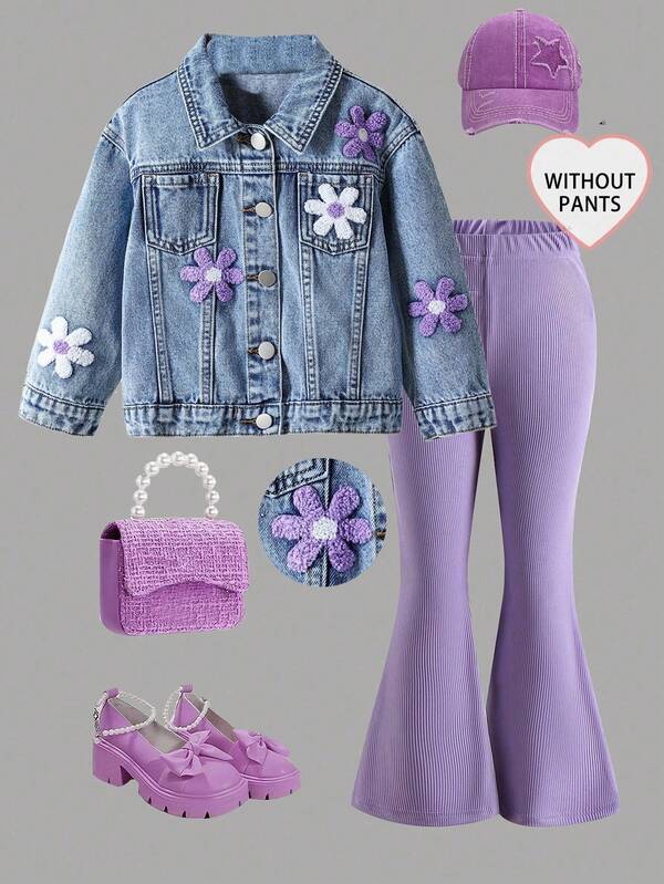 Young Girls' Denim Jackets & Coats, New Arrival For Autumn/Winter, Young Girl' Mid-Blue Washed Denim Jacket With Floral Embroidery, Soft And Comfortable Fabric, Ideal Gift And Perfect For Outdoor Wear, Academic Style, Daily Wear, School, Campus, College Summer Holiday Girls' New Fashion Snowflake Washed Hole Design Explosive Embroidered  90s Kids Outfit Purple Girl Outfit Casual Teen Purple Purple Tween Outfit Purple Clothes Fall