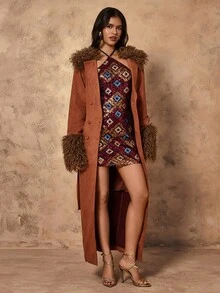 Chiquease Women's Elegant Faux Fur Collar Lined Tie-Up Jacket, Autumn/Winter - Brown - View 1