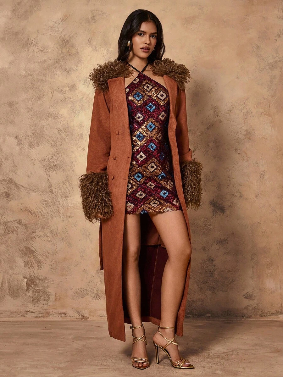Chiquease Women's Elegant Faux Fur Collar Lined Tie-Up Jacket, Autumn/Winter - Brown - View 1
