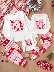 SHEIN Women's Funny Expression & Christmas English Text, Fair Isle Red & Pink Snowflake Christmas Element Pattern White Crew Neck Tight Fit Top And Pants , Cozy Holiday Outfit Fall Winter Clothes - White - View 5