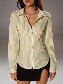 TRNVIE Women's Spring & Summer Long Sleeve Blue Stripe Waist Fitted Casual Blouse Women Shirt - Yellow - View 3