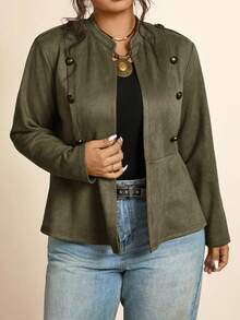 Freevana Plus Size Solid Color Button Decor Casual Long Sleeve Jacket Travel Fall Khaki Earthy Winter