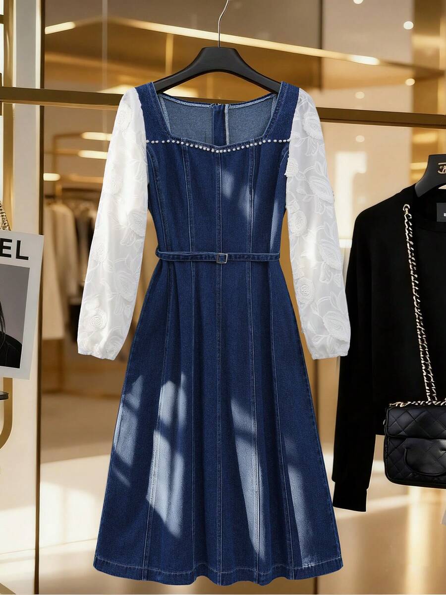 GlowEve Women's Lace Patchwork Puff Sleeve Denim Dress - Medium Wash - View 1