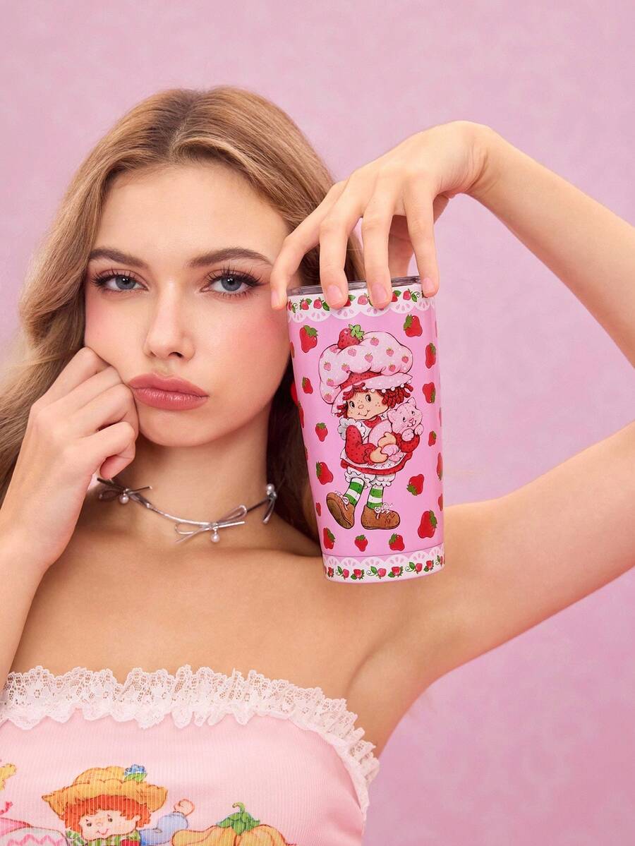 Strawberry Shortcake X SHEIN Cốc giữ nhiệt đáy phẳng bằng thép không gỉ, dung tích 20 oz / 600 ml, in hình nhân vật hoạt hình, kèm nắp, quà tặng cho bạn bè, ý tưởng quà tặng. - Hồng - Xem 1