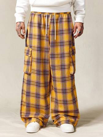 Prep Pantalones casuales holgados con cordón y bolsillo a cuadros para hombre, otoño
