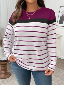 SHEIN LUNE Plus Size Color Block Striped Long Sleeve Women T-Shirt Tees Women Tops For Spring - Red Violet - View 5