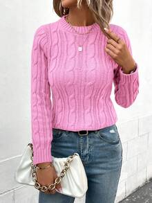 EMERY ROSE Women's Casual Cable Pattern Crew Neck Long Sleeve Sweater, Autumn/Winter - Baby Pink - View 4
