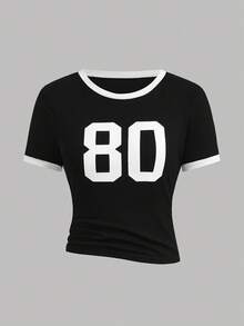 SHEIN Girlism Teen Girls Spring/Summer Fashion Ribbed Knit Black & White Contrast Casual Fitted Basic T-Shirt & Contrast Waistband Loose Pocket Pants Set, Casual Sports Street Chic. Athleisure, Back To School, Soccer Sports, Outdoor Comfort Set - Black - View 8