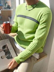 Manfinity CasualKnits Pull rayé décontracté à blocs de couleurs pour hommes, automne/hiver, collier de perles pour hommes, pull vert, tricot pour hommes, pull vert citron pour hommes, pull côtelé vert pour hommes, tricot vert pour hommes, pull vert citron pour hommes, pull en tricot pour hommes - Vert - Voir 1