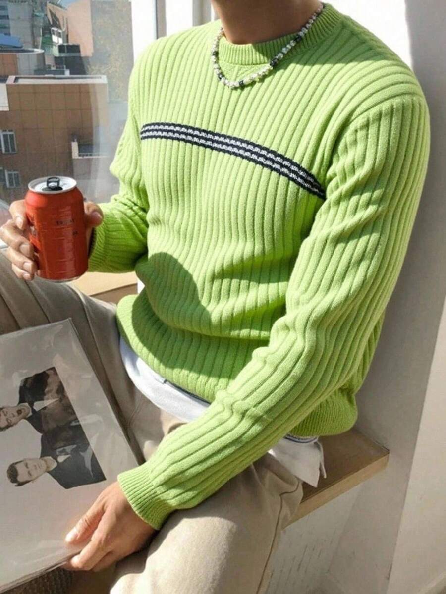 Manfinity CasualKnits Pull rayé décontracté à blocs de couleurs pour hommes, automne/hiver, collier de perles pour hommes, pull vert, tricot pour hommes, pull vert citron pour hommes, pull côtelé vert pour hommes, tricot vert pour hommes, pull vert citron pour hommes, pull en tricot pour hommes - Vert - Voir 1