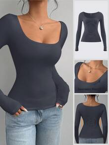 SHEIN BASICS Women's Casual Solid Color Knitted Fitted Long Sleeve Crew Neck Regular T-Shirt Playera Manga Larga Damawhite Top Long Sleevebasic Long Sleeve Tops - Dark Grey - View 2